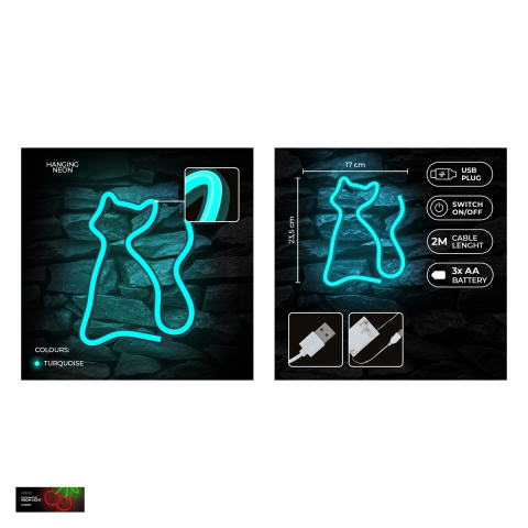 Neon LED Neolia, Cat, turcoaz, dimensiuni 20 x 170 x 235mm, cablu USB cu lungime  2m, alimentare USB sau 3xAA [4]