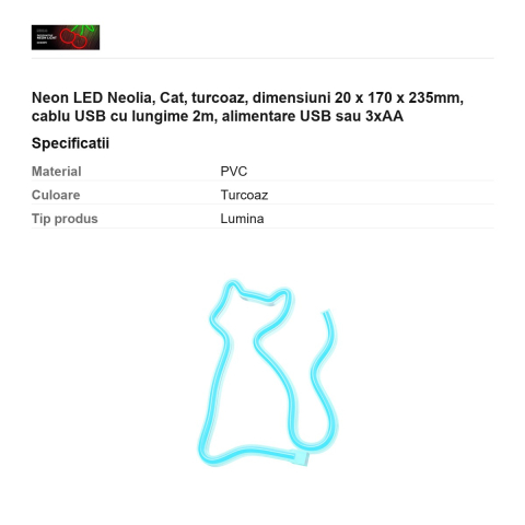Neon LED Neolia, Cat, turcoaz, dimensiuni 20 x 170 x 235mm, cablu USB cu lungime  2m, alimentare USB sau 3xAA [2]