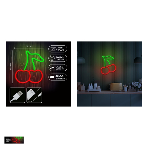 Neon LED Neolia, Cherry, dimensiuni 225 x 190 x 20 mm, verde rosu, cablu cu lungime 2m, alimentare USB sau 3xAA [4]