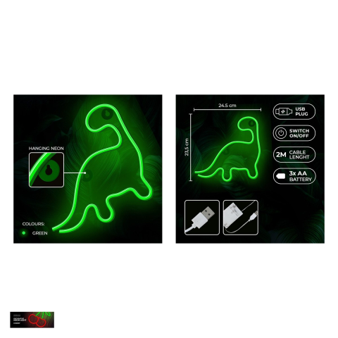 Neon LED Neolia, Dinosaur, dimensiuni 245 x 20 x 235mm, cablu USB lungime 2m, alimentare USB sau 3xAA, verde [4]