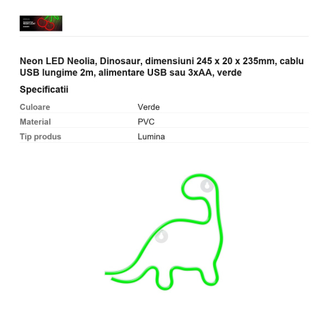 Neon LED Neolia, Dinosaur, dimensiuni 245 x 20 x 235mm, cablu USB lungime 2m, alimentare USB sau 3xAA, verde [2]