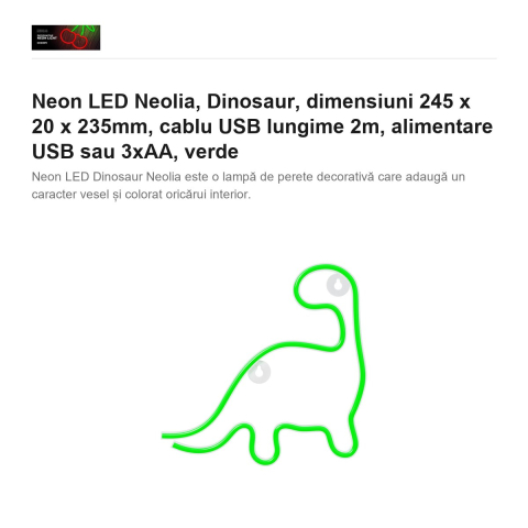Neon LED Neolia, Dinosaur, dimensiuni 245 x 20 x 235mm, cablu USB lungime 2m, alimentare USB sau 3xAA, verde [1]