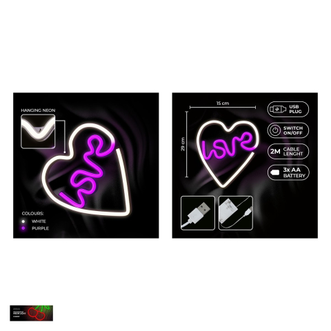 Neon LED Neolia, Love Heart, mov alb, dimensiuni 150 x 20 x 290mm, cablu USB lungime 2m, alimentare USB sau 3xAA [4]