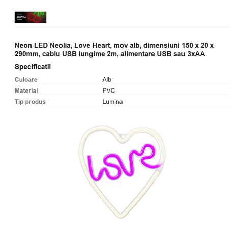 Neon LED Neolia, Love Heart, mov alb, dimensiuni 150 x 20 x 290mm, cablu USB lungime 2m, alimentare USB sau 3xAA [2]
