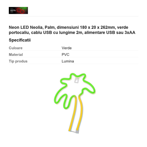 Neon LED Neolia, Palm, dimensiuni 180 x 20 x 262mm, verde portocaliu, cablu USB cu lungime 2m, alimentare USB sau 3xAA [2]