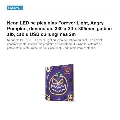 Neon LED pe plexiglas Forever Light, Angry Pumpkin, dimensiuni 330 x 20 x 305mm, galben alb, cablu USB cu lungimea 2m [1]