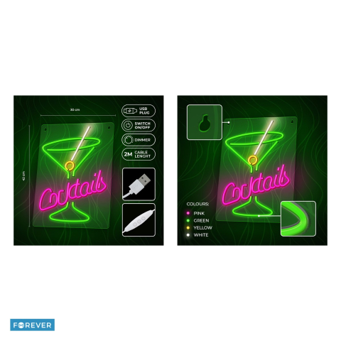 Neon LED pe plexiglas Forever Light, Cocktails, dimensiuni 420 x 300 x 20mm, roz verde, cablu USB cu lungime 2m [4]
