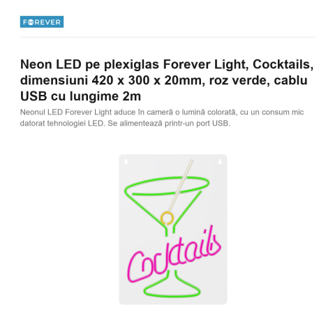 Neon LED pe plexiglas Forever Light, Cocktails, dimensiuni 420 x 300 x 20mm, roz verde, cablu USB cu lungime 2m [1]