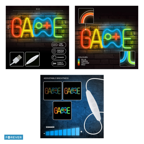 Neon LED pe plexiglas Forever Light, Game, dimensiuni 220 x 20 x 350 mmmm, cablu USB cu lungime 2m, multicolor [3]