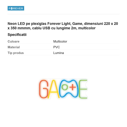 Neon LED pe plexiglas Forever Light, Game, dimensiuni 220 x 20 x 350 mmmm, cablu USB cu lungime 2m, multicolor [2]
