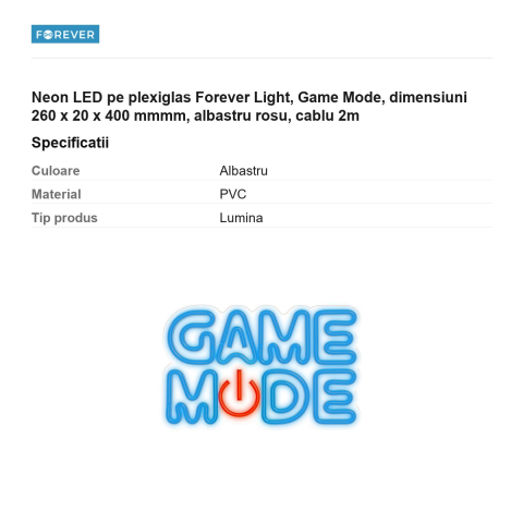 Neon LED pe plexiglas Forever Light, Game Mode, dimensiuni 260 x 20 x 400 mmmm, albastru rosu, cablu 2m [2]