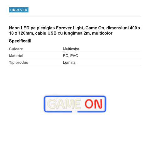Neon LED pe plexiglas Forever Light, Game On, dimensiuni 400 x 18 x 120mm, cablu USB cu lungimea 2m, multicolor [2]