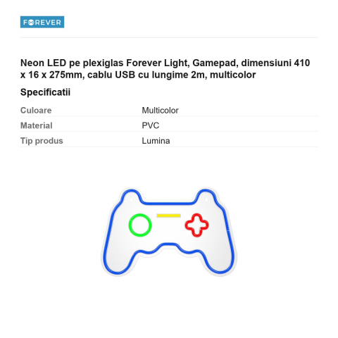 Neon LED pe plexiglas Forever Light, Gamepad, dimensiuni 410 x 16 x 275mm, cablu USB cu lungime 2m, multicolor [2]