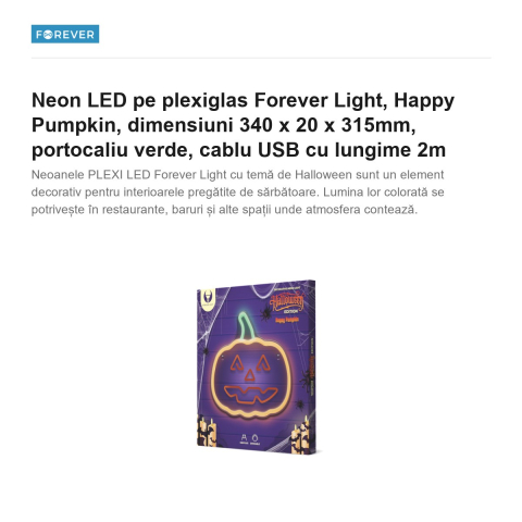 Neon LED pe plexiglas Forever Light, Happy Pumpkin, dimensiuni 340 x 20 x 315mm, portocaliu verde, cablu USB cu lungime 2m [1]