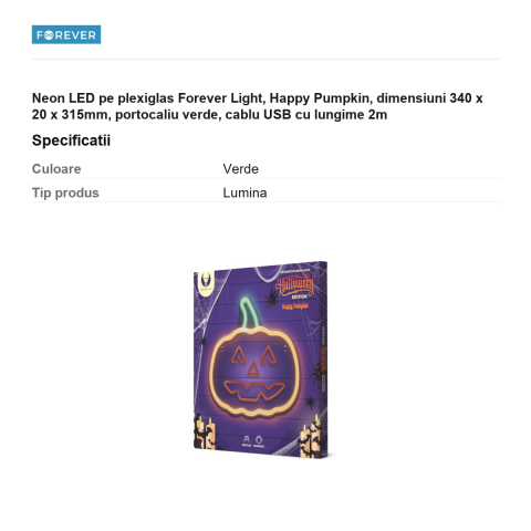 Neon LED pe plexiglas Forever Light, Happy Pumpkin, dimensiuni 340 x 20 x 315mm, portocaliu verde, cablu USB cu lungime 2m [2]