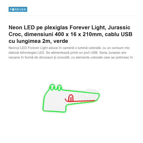 Neon LED pe plexiglas Forever Light, Jurassic Croc, dimensiuni 400 x 16 x 210mm, cablu USB cu lungimea 2m, verde [1]