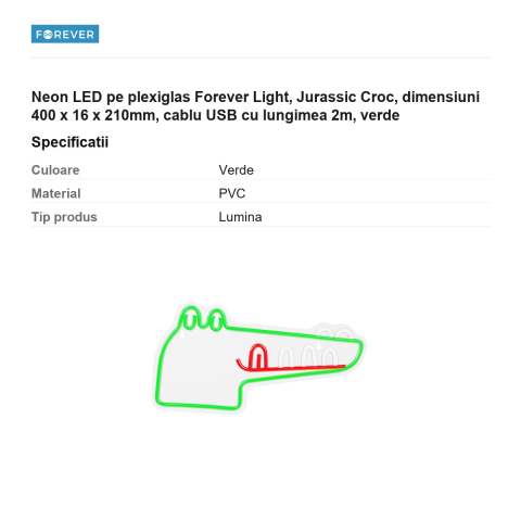 Neon LED pe plexiglas Forever Light, Jurassic Croc, dimensiuni 400 x 16 x 210mm, cablu USB cu lungimea 2m, verde [2]