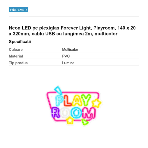 Neon LED pe plexiglas Forever Light, Playroom, 140 x 20 x 320mm, cablu USB cu lungimea 2m, multicolor [2]