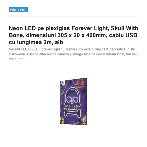 Neon LED pe plexiglas Forever Light, Skull With Bone, dimensiuni 305 x 20 x 400mm, cablu USB cu lungimea 2m, alb [1]