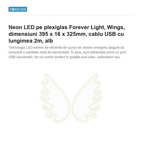 Neon LED pe plexiglas Forever Light, Wings, dimensiuni 395 x 16 x 325mm, cablu USB cu lungimea 2m, alb [1]