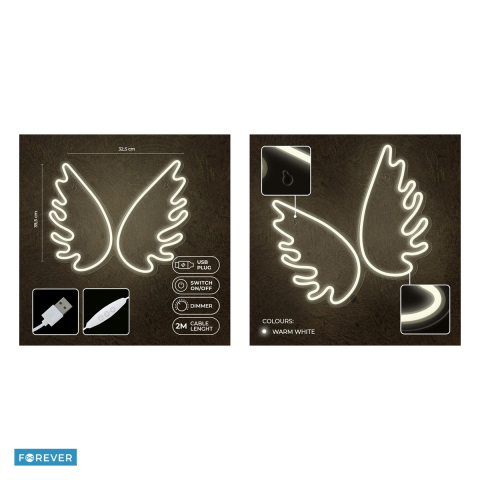 Neon LED pe plexiglas Forever Light, Wings, dimensiuni 395 x 16 x 325mm, cablu USB cu lungimea 2m, alb [4]