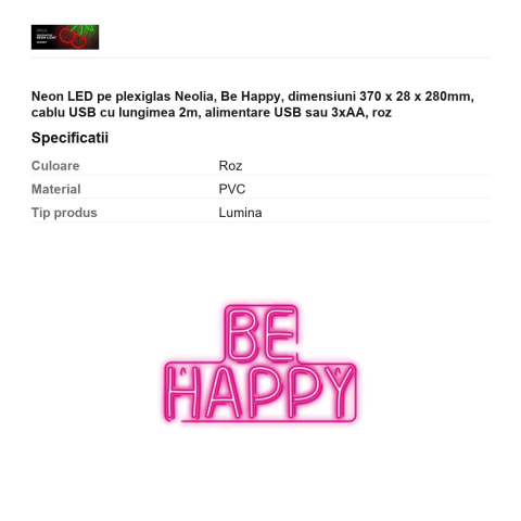 Neon LED pe plexiglas Neolia, Be Happy, dimensiuni 370 x 28 x 280mm, cablu USB cu lungimea 2m, alimentare USB sau 3xAA, roz [2]