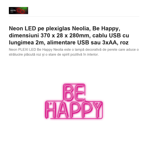 Neon LED pe plexiglas Neolia, Be Happy, dimensiuni 370 x 28 x 280mm, cablu USB cu lungimea 2m, alimentare USB sau 3xAA, roz [1]