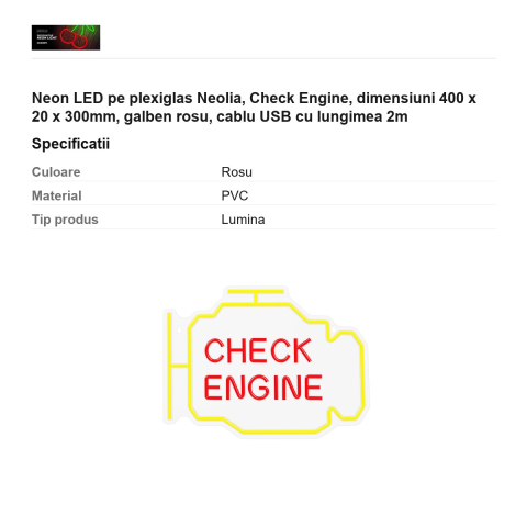 Neon LED pe plexiglas Neolia, Check Engine, dimensiuni 400 x 20 x 300mm, galben rosu, cablu USB cu lungimea 2m [2]