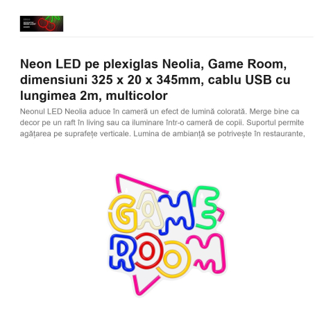 Neon LED pe plexiglas Neolia, Game Room, dimensiuni 325 x 20 x 345mm, cablu USB cu lungimea 2m, multicolor [1]