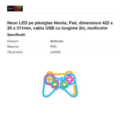 Neon LED pe plexiglas Neolia, Pad, dimensiuni 422 x 20 x 311mm, cablu USB cu lungime 2m, multicolor [2]