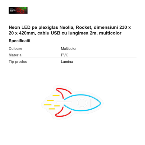 Neon LED pe plexiglas Neolia, Rocket, dimensiuni 230 x 20 x 420mm, cablu USB cu lungimea 2m, multicolor [2]