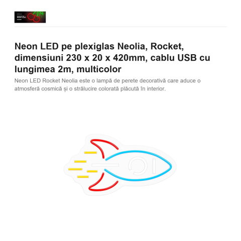 Neon LED pe plexiglas Neolia, Rocket, dimensiuni 230 x 20 x 420mm, cablu USB cu lungimea 2m, multicolor [1]