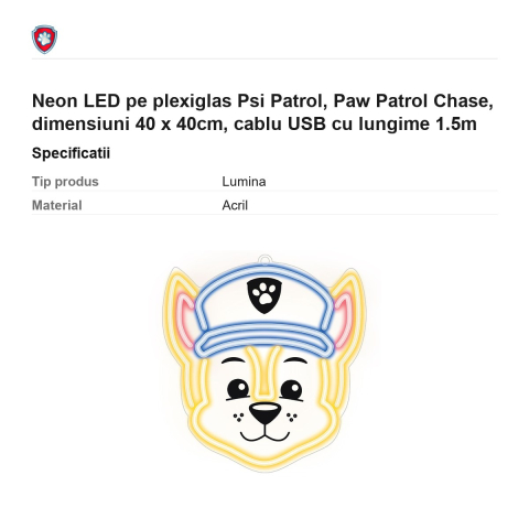 Neon LED pe plexiglas Psi Patrol, Paw Patrol Chase, dimensiuni 40 x 40cm, cablu USB cu lungime 1.5m [2]