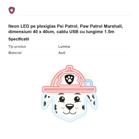 Neon LED pe plexiglas Psi Patrol, Paw Patrol Marshall, dimensiuni 40 x 40cm, cablu USB cu lungime 1.5m [2]