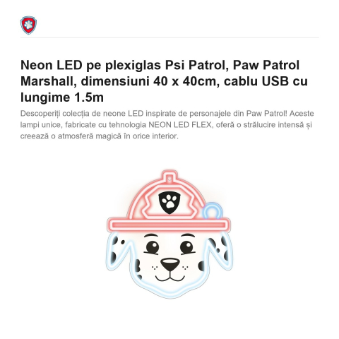 Neon LED pe plexiglas Psi Patrol, Paw Patrol Marshall, dimensiuni 40 x 40cm, cablu USB cu lungime 1.5m [1]