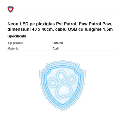 Neon LED pe plexiglas Psi Patrol, Paw Patrol Paw, dimensiuni 40 x 40cm, cablu USB cu lungime 1.5m [2]
