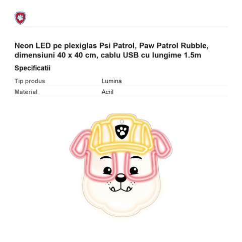 Neon LED pe plexiglas Psi Patrol, Paw Patrol Rubble, dimensiuni 40 x 40 cm, cablu USB cu lungime 1.5m [2]