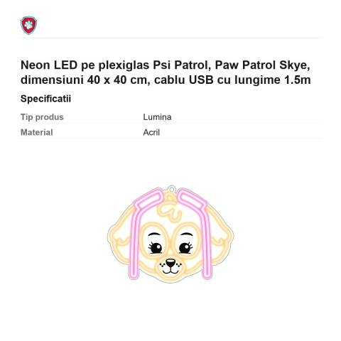 Neon LED pe plexiglas Psi Patrol, Paw Patrol Skye, dimensiuni 40 x 40 cm, cablu USB cu lungime 1.5m [2]
