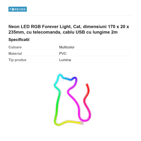 Neon LED RGB Forever Light, Cat, dimensiuni 170 x 20 x 235mm, cu telecomanda, cablu USB cu lungime 2m [2]