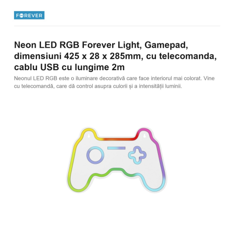 Neon LED RGB Forever Light, Gamepad, dimensiuni 425 x 28 x 285mm, cu telecomanda, cablu USB cu lungime 2m [1]