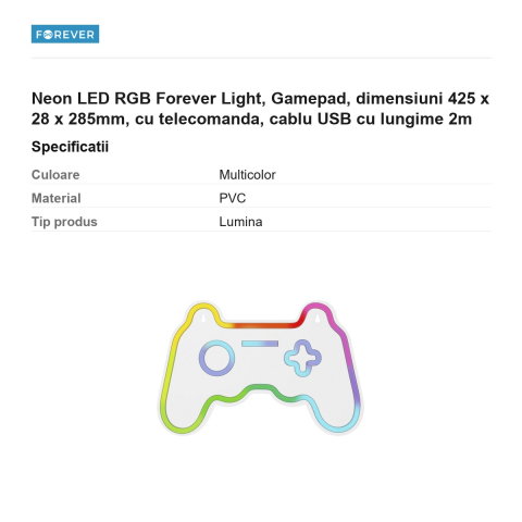 Neon LED RGB Forever Light, Gamepad, dimensiuni 425 x 28 x 285mm, cu telecomanda, cablu USB cu lungime 2m [2]