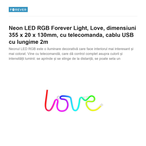 Neon LED RGB Forever Light, Love, dimensiuni 355 x 20 x 130mm, cu telecomanda, cablu USB cu lungime 2m [1]