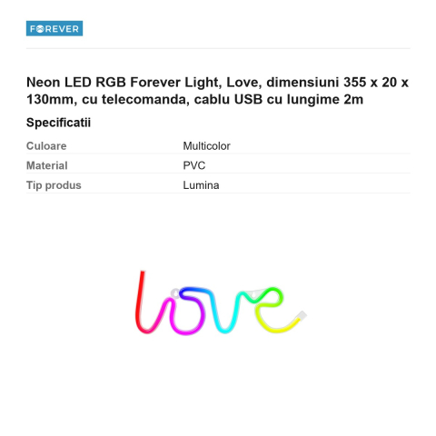 Neon LED RGB Forever Light, Love, dimensiuni 355 x 20 x 130mm, cu telecomanda, cablu USB cu lungime 2m [2]