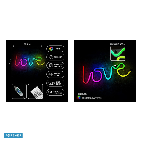 Neon LED RGB Forever Light, Love, dimensiuni 355 x 20 x 130mm, cu telecomanda, cablu USB cu lungime 2m [4]