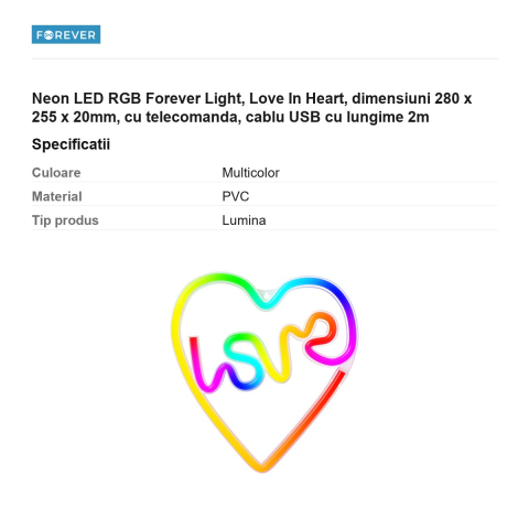 Neon LED RGB Forever Light, Love In Heart, dimensiuni 280 x 255 x 20mm, cu telecomanda, cablu USB cu lungime 2m [2]