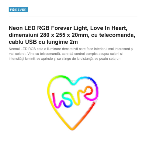 Neon LED RGB Forever Light, Love In Heart, dimensiuni 280 x 255 x 20mm, cu telecomanda, cablu USB cu lungime 2m [1]