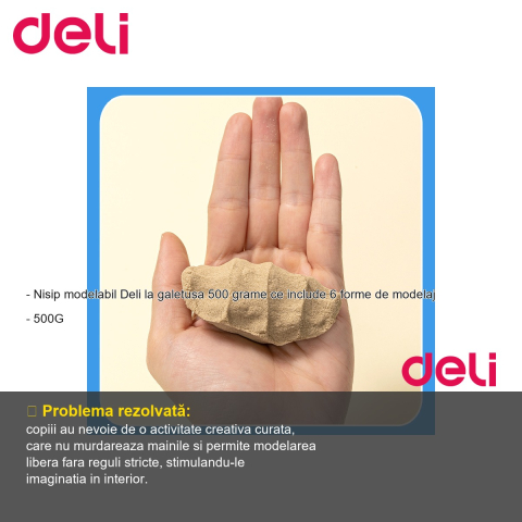 Nisip modelabil Deli, galetusa 500g cu 6 forme de modelaj, galben, pentru copii [1]