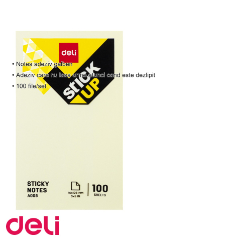 Notes adeziv Deli, 76x126 mm, galben, 100 file, fara urme la dezlipire, pentru birou si organizare [2]