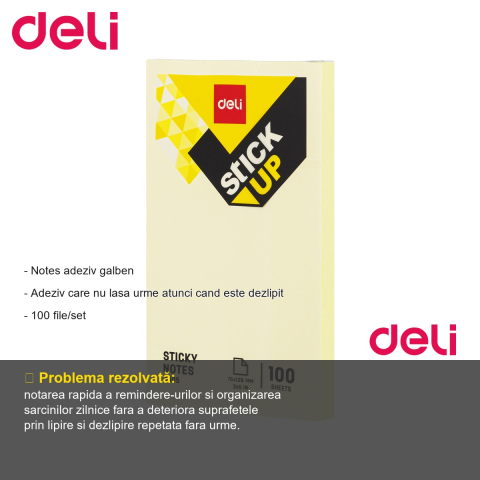 Notes adeziv Deli, 76x126 mm, galben, 100 file, fara urme la dezlipire, pentru birou si organizare [1]