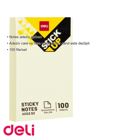 Notes adeziv Deli, 76x51mm, galben, 100 file, adeziv fara urme, pentru birou si organizare rapida [2]